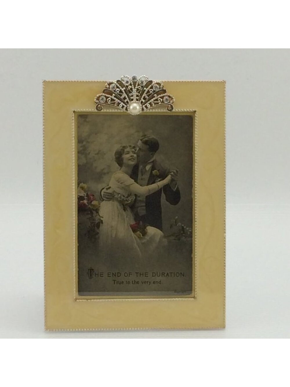 Antique WWI Era Romantic Postcard In Jeweled Rhinestone Tiara Frame Decor